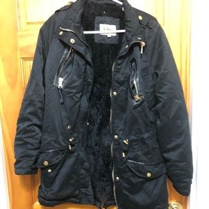 Macy’s, warm, black, fuzzy, coat!